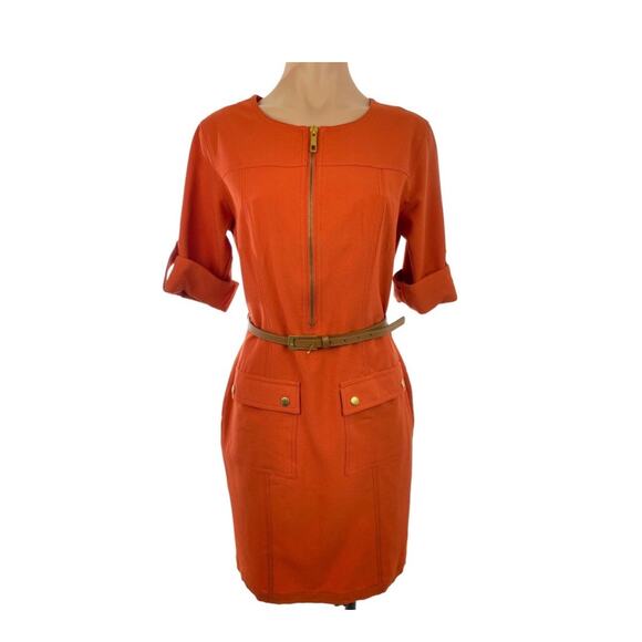Sharagano Orange Belted Dress Front Exposed Zip - Cargo Pocket Tab Sleeve Sz 6 - Picture 1 of 8